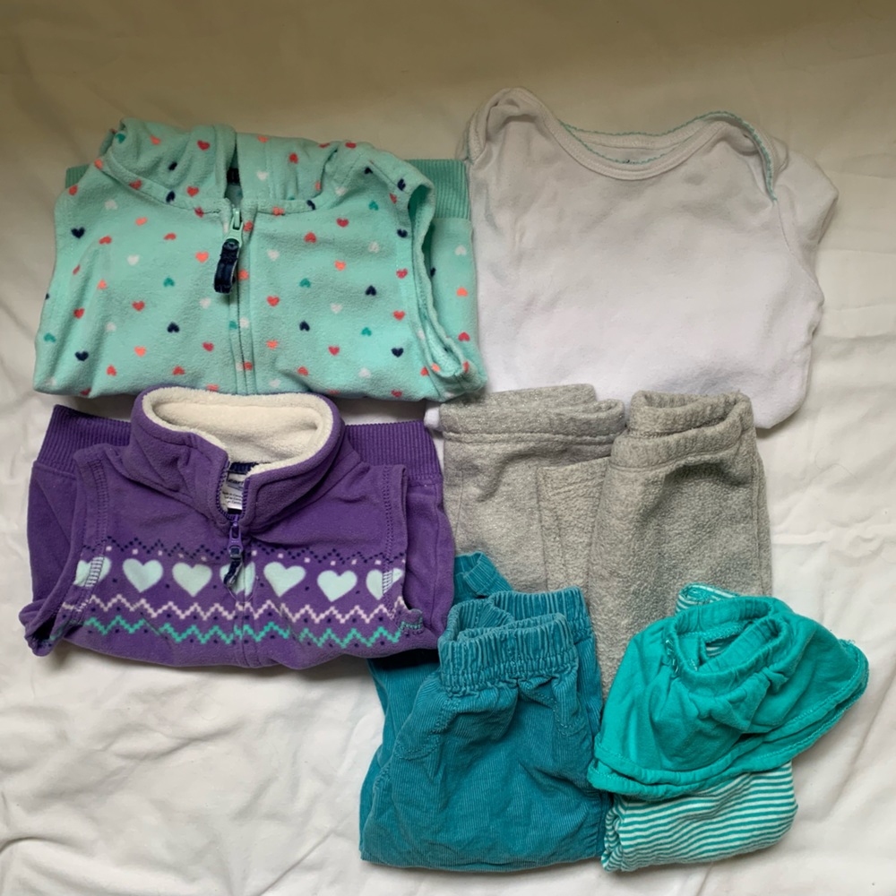 Carter’s 9 months set 4 pant, 2 vest, 1 onesie - purple, gray and teal